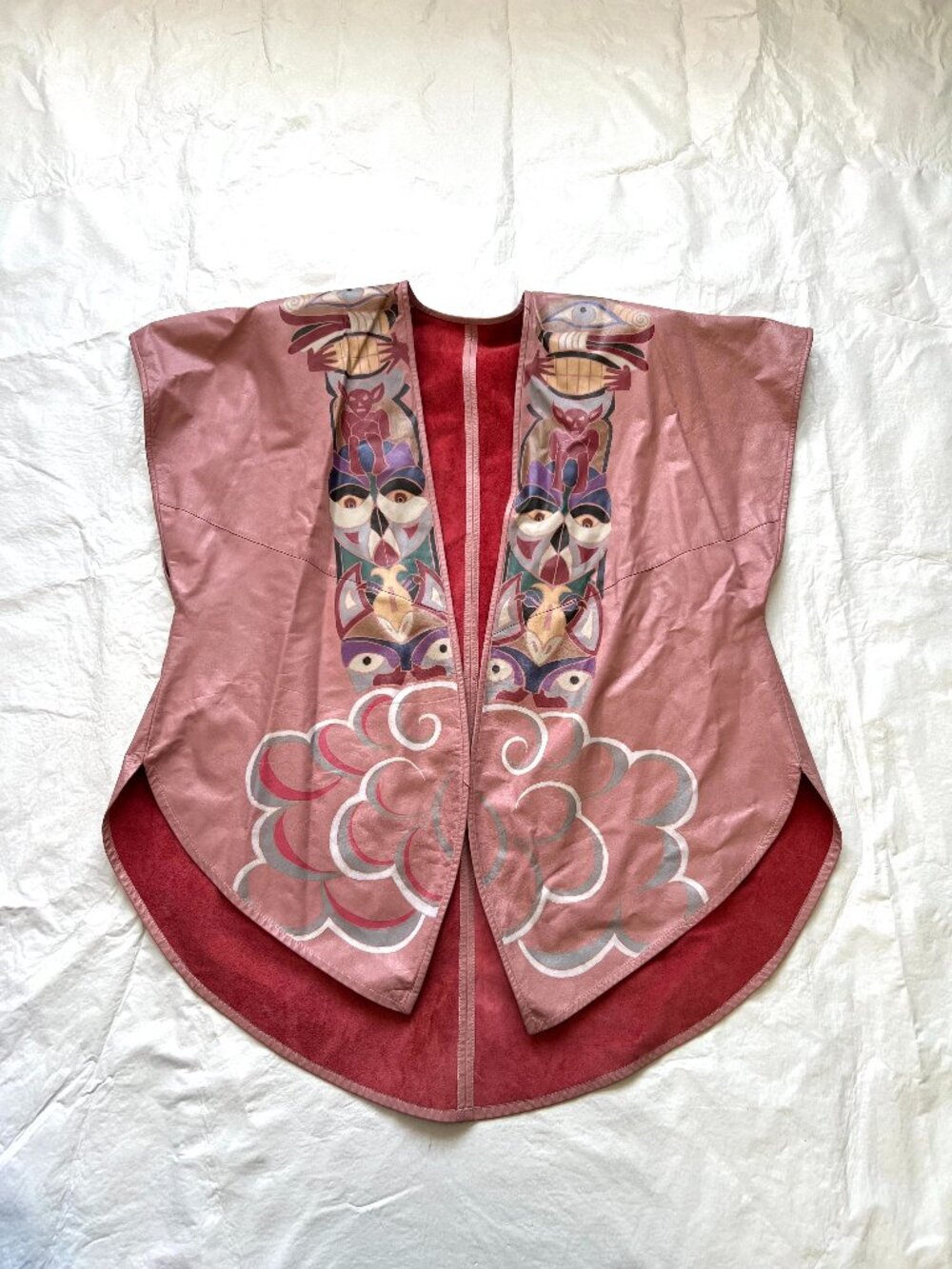 Vintage vest leather jacket dusty rose pink painted art mask cloud one size open